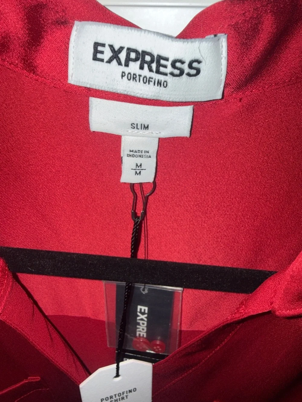 Express Red Satin Button-Front Blouse - Picture 3 of 5
